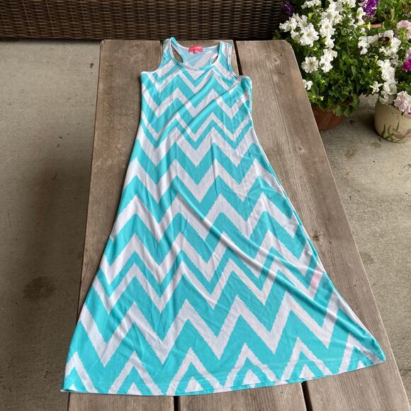 Whoops! Girls Dress Size 10 12 Maxi Blue White Chevron Sleeveless Tank - Picture 8 of 10